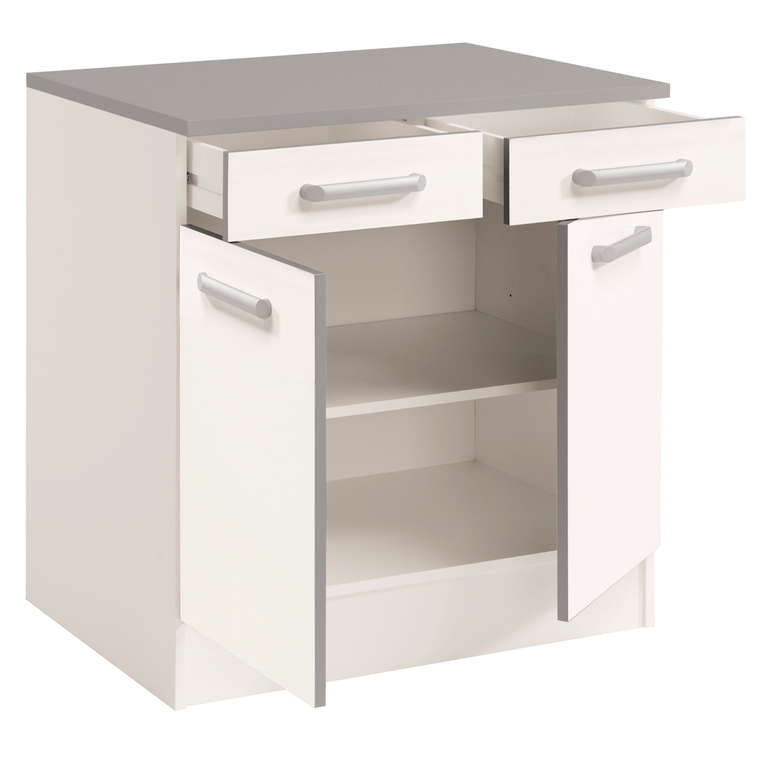 Meuble bas de cuisine contemporain 80 cm 2 portes/2 tiroirs blanc