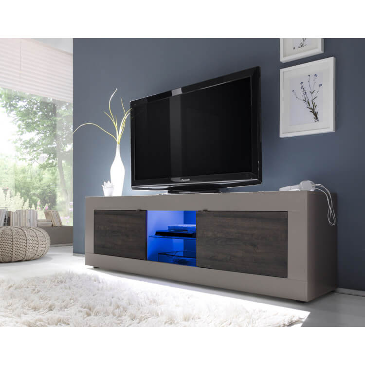 Meuble TV design 2 portes avec éclairage coloris beige mat/wengé Geralda
