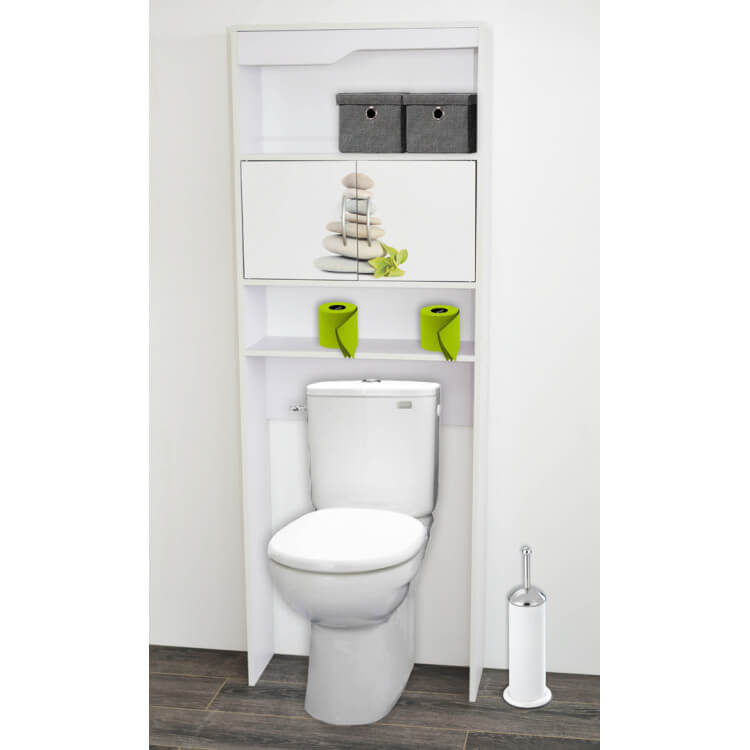 Meuble de rangement sanitaire en bois blanc/imprimé galets Elvita