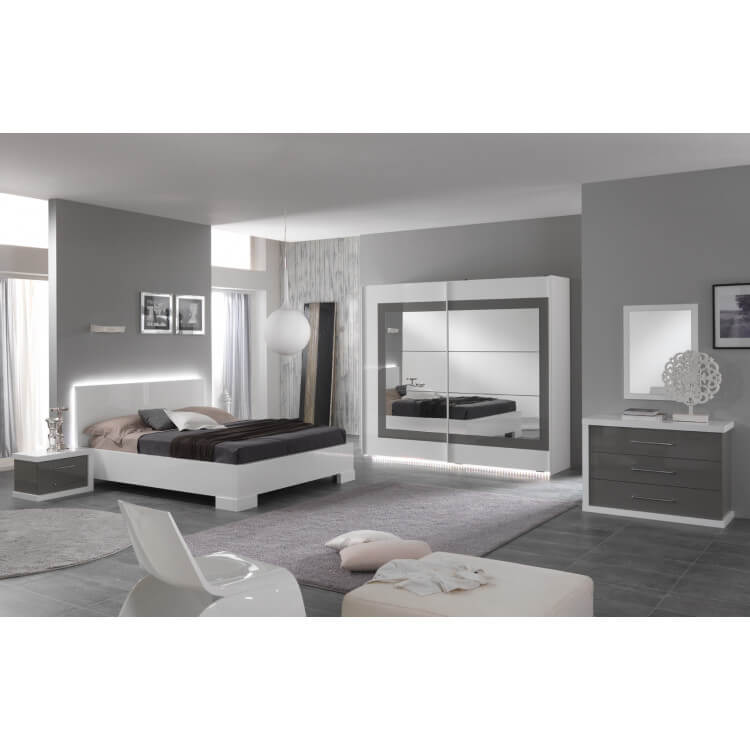 Chambre adulte design laquée blanche et grise Hanove II