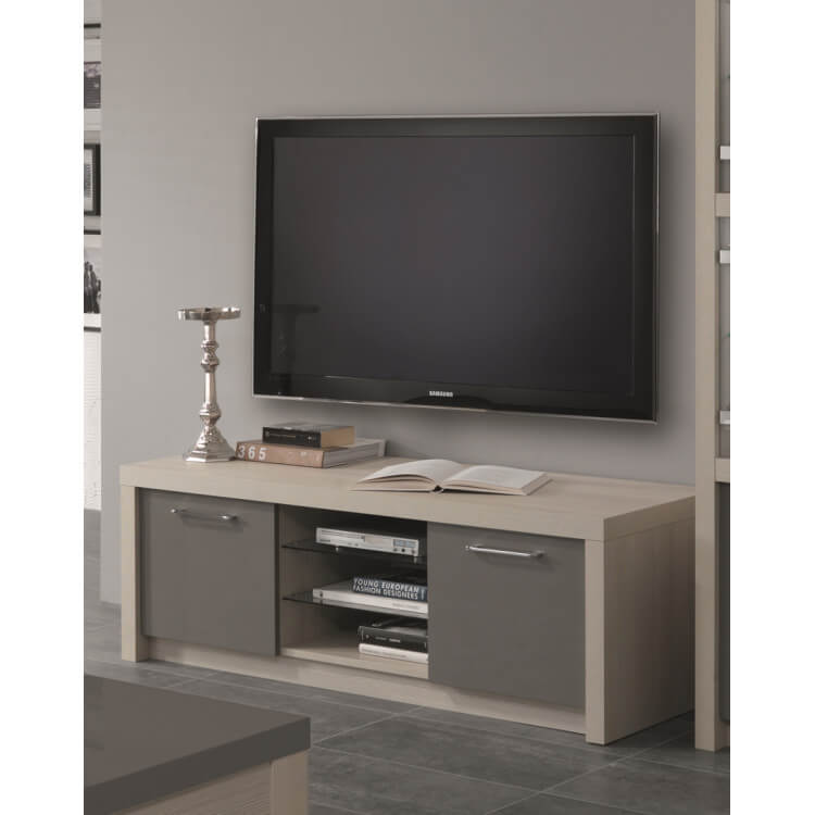 Meuble TV design 150 cm chêne blanchi/gris laqué Rosano
