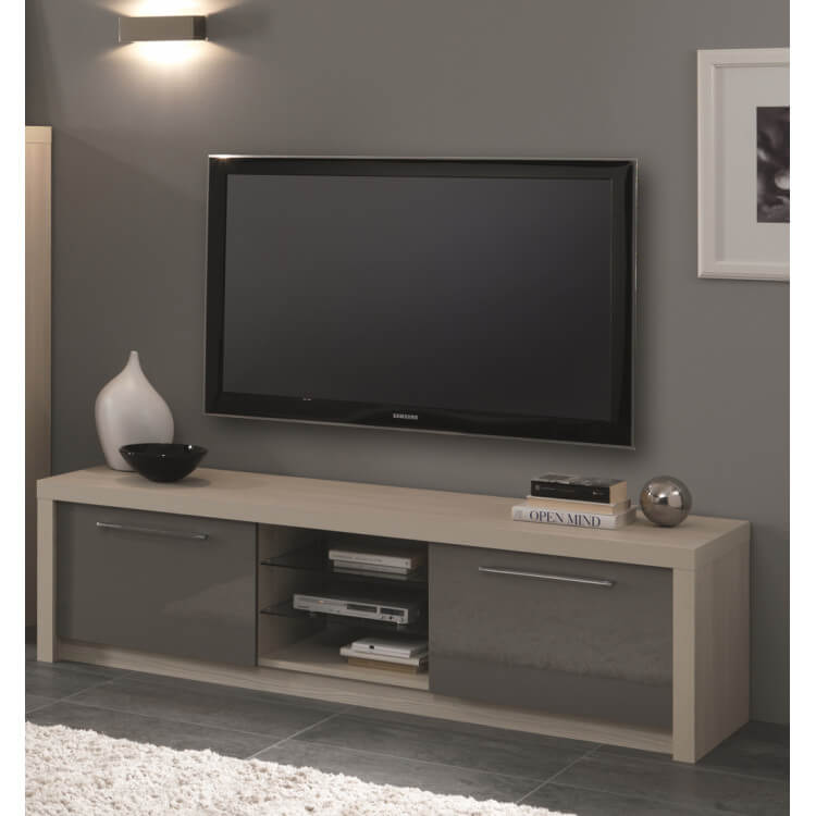 Meuble TV design 180 cm chêne blanchi/gris laqué Rosano