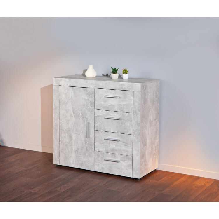Meuble de rangement design 1 porte/4 tiroirs coloris gris béton Colibri