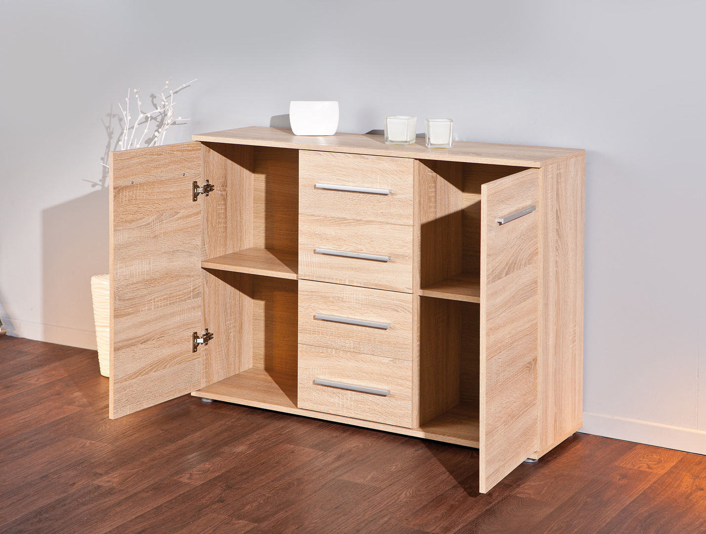 Meuble de rangement contemporain 2 portes/4 tiroirs chêne sonoma Dublin