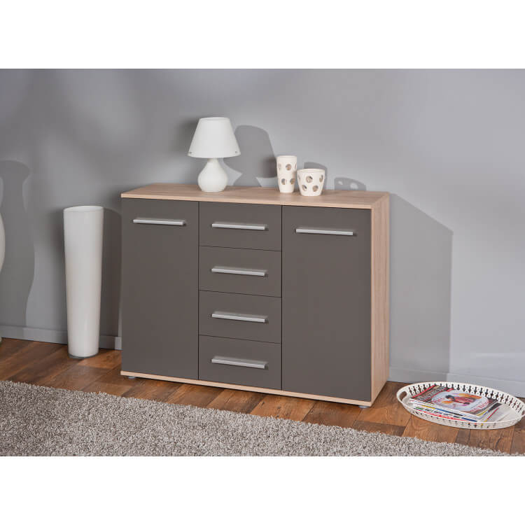 Meuble de rangement contemporain 2 portes/4 tiroirs chêne sonoma/gris Dublin
