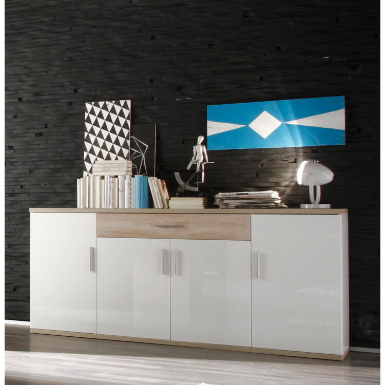 Buffet/bahut design 4 portes/2 tiroirs coloris blanc/chêne clair Athena