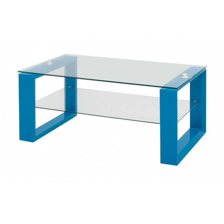 Table basse design bois et verre bleu laqué Loudvika