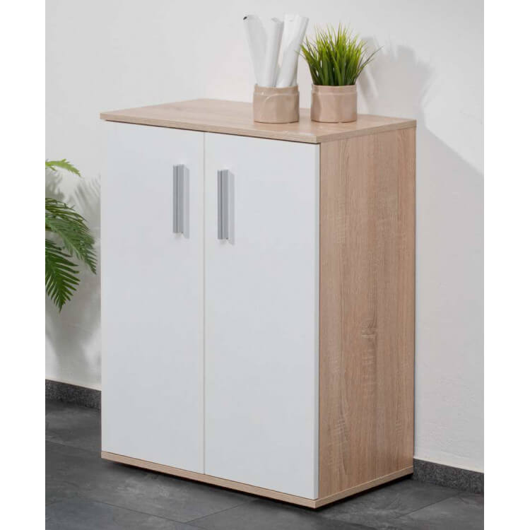 Meuble de rangement contemporain 2 portes chêne clair/blanc Istanbul