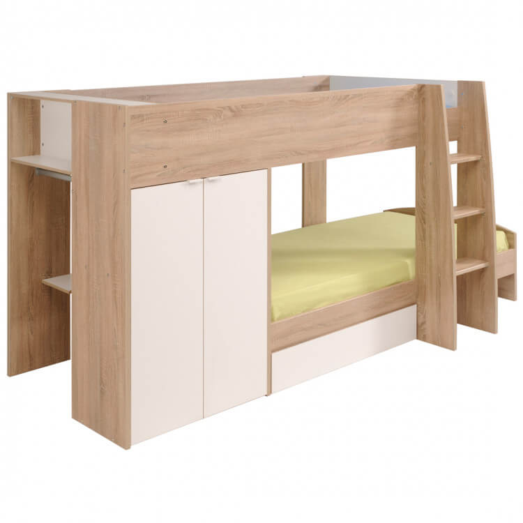 Lit combiné enfant contemporain chêne brut/blanc Mitsy