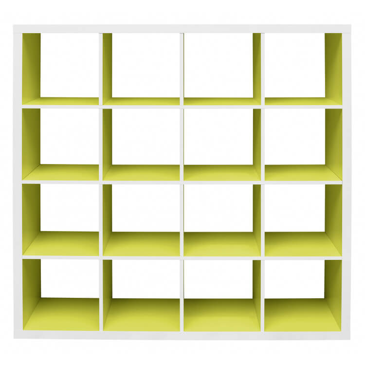 Etagère contemporaine carrée blanche/vert anis 16 compartiments Zita