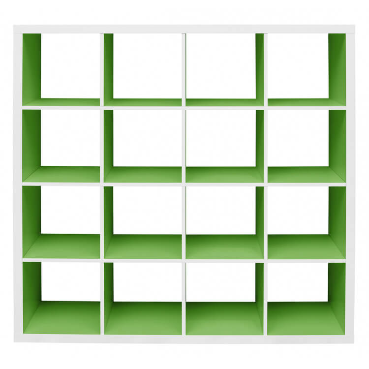 Etagère contemporaine carrée blanche/vert foncé 16 compartiments Zita