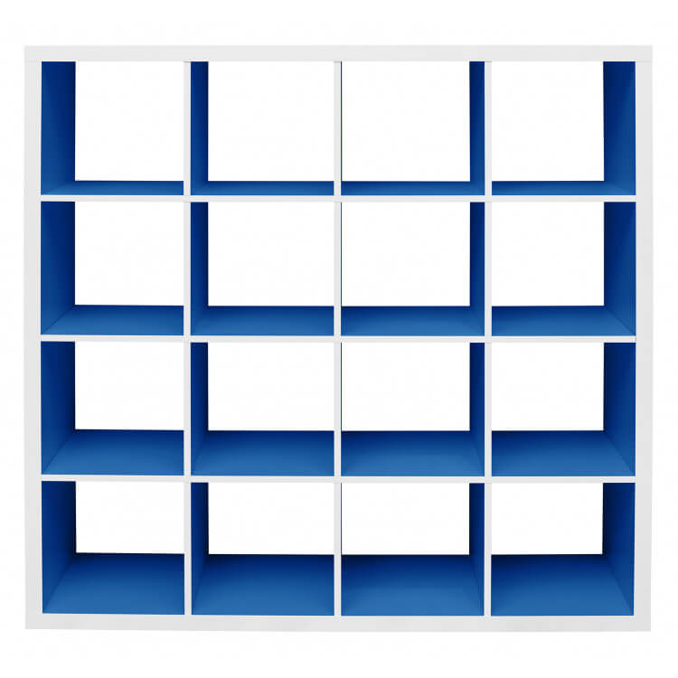 Etagère contemporaine carrée blanche/bleu roi 16 compartiments Zita