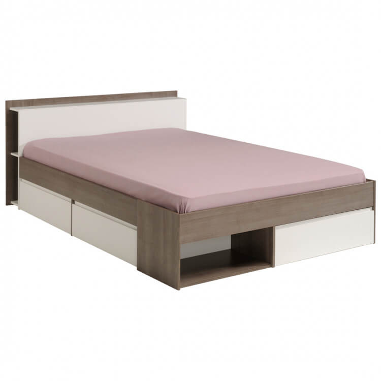 Lit adulte contemporain avec rangements coloris blanc/noyer Foster