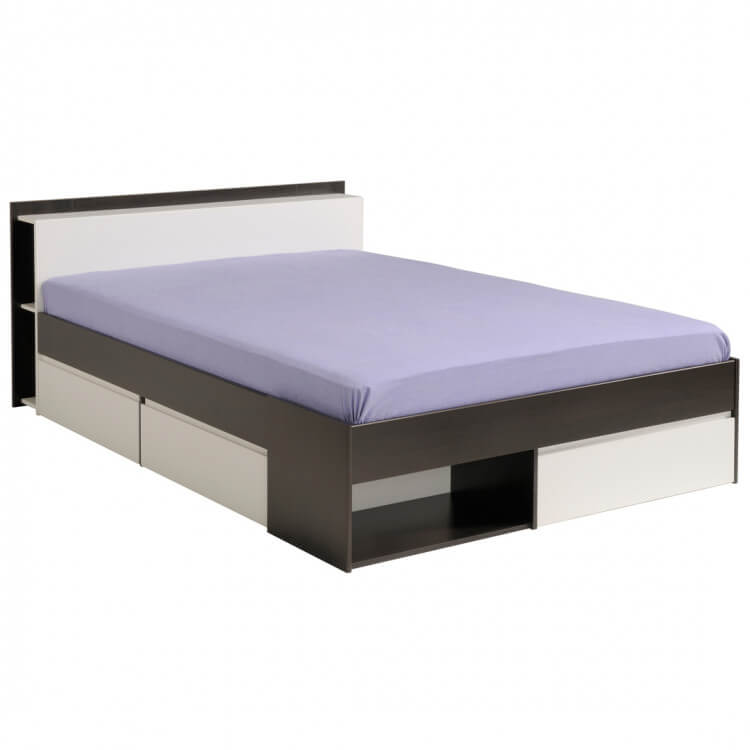 Lit adulte contemporain avec rangements coloris blanc/café Foster