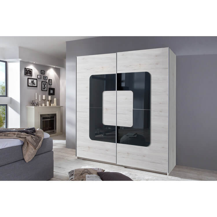 Armoire design 2 portes coulissantes chêne blanc/verre gris Curtis