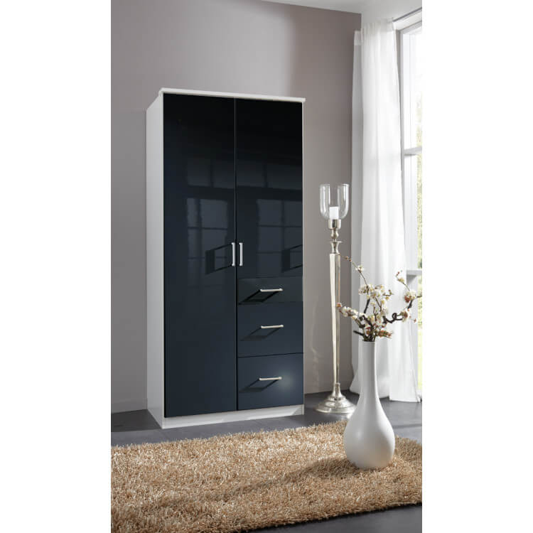 Armoire Design 2 Portes 3 Tiroirs Noir Laque Blanc Orphea Matelpro