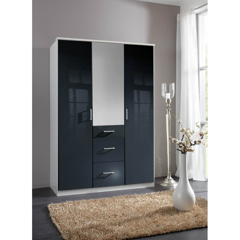 Armoire design 3 portes/3 tiroirs avec miroir noir laqué/blanc Orphea