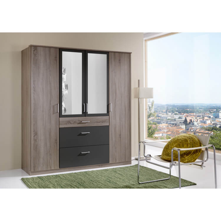 Armoire contemporaine 4 portes/3 tiroirs avec miroir chêne montana/décor lave Angelus