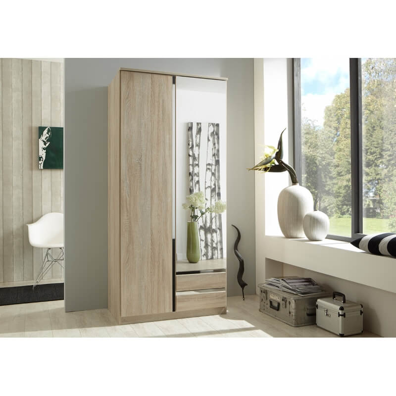 Armoire contemporaine 2 portes avec miroir coloris chêne/décor chrome