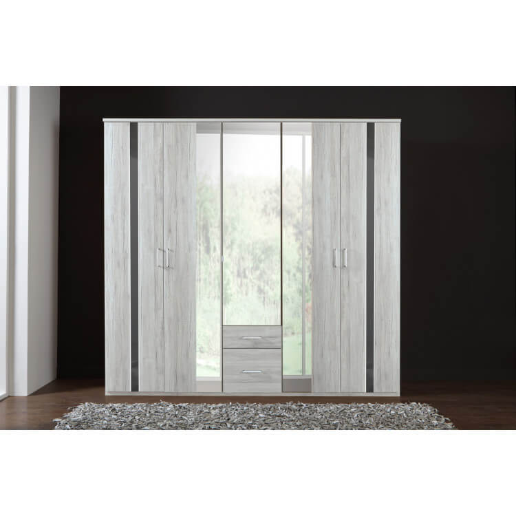 Armoire contemporaine 5 portes chêne blanc/gris brillant Xenon