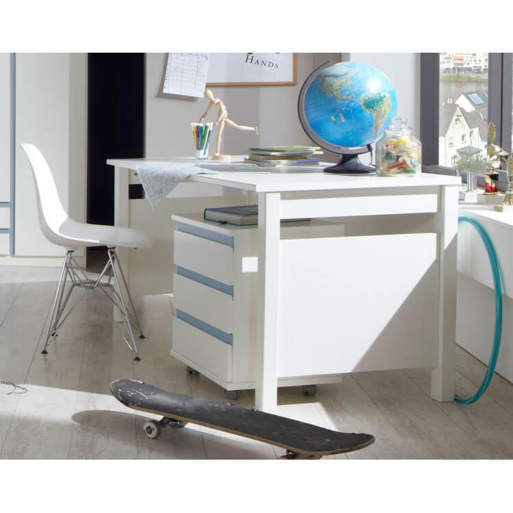 Bureau enfant contemporain avec caisson blanc alpin/bleu denim Mandy