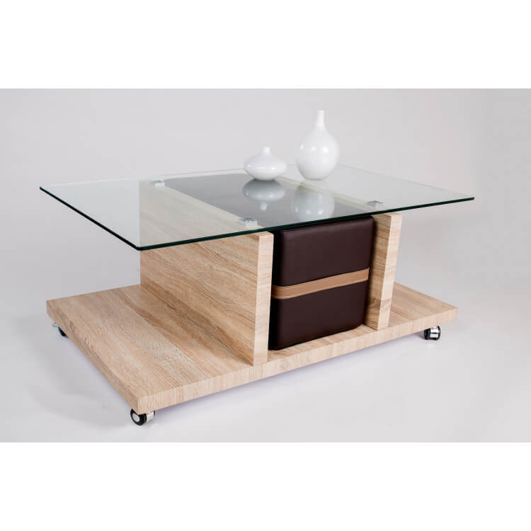 Table basse design bois et verre avec poufs chêne clair sonoma Morelia