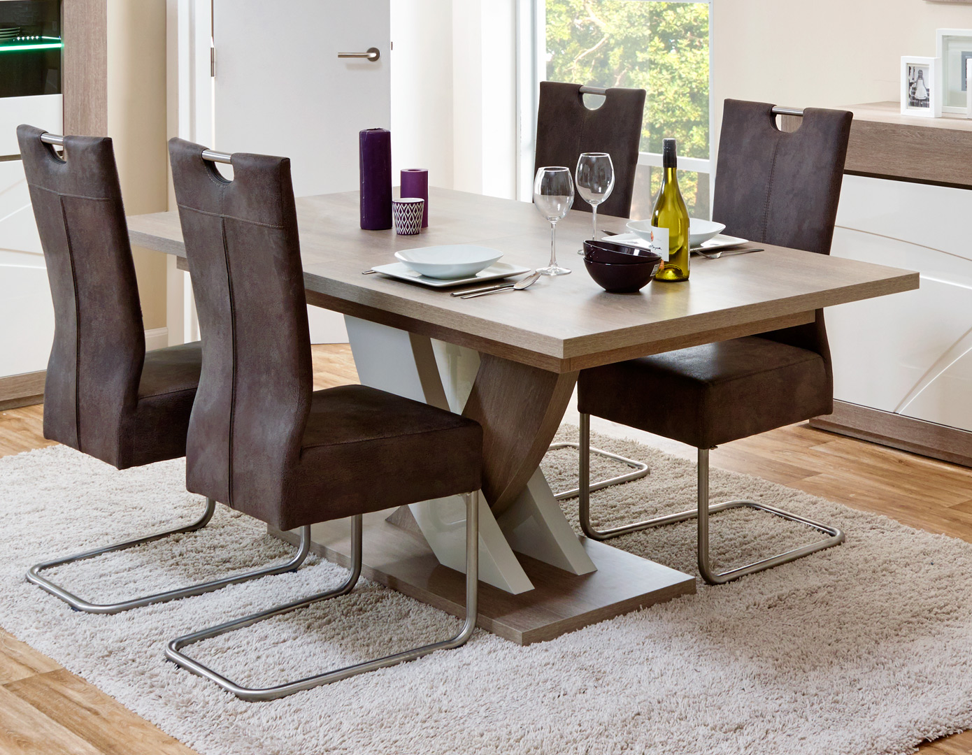 Table de salle à manger contemporaine extensible chêne gris/blanc laqué