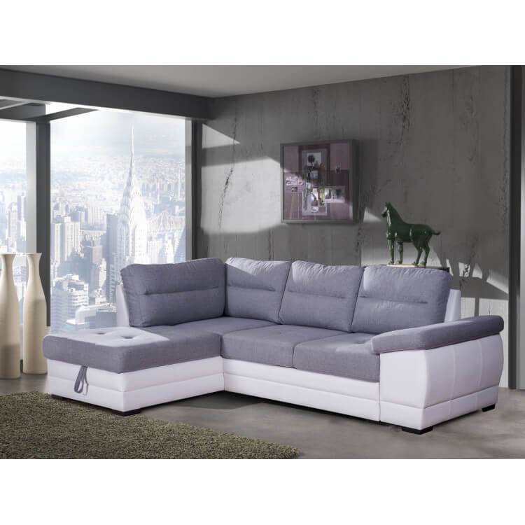 Canapé d'angle convertible contemporain en tissu gris/PU blanc Janaya