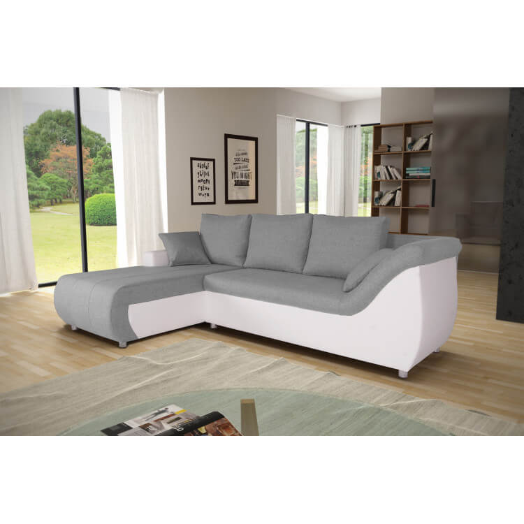 Canapé d'angle contemporain convertible en tissu gris/PU blanc Isaac