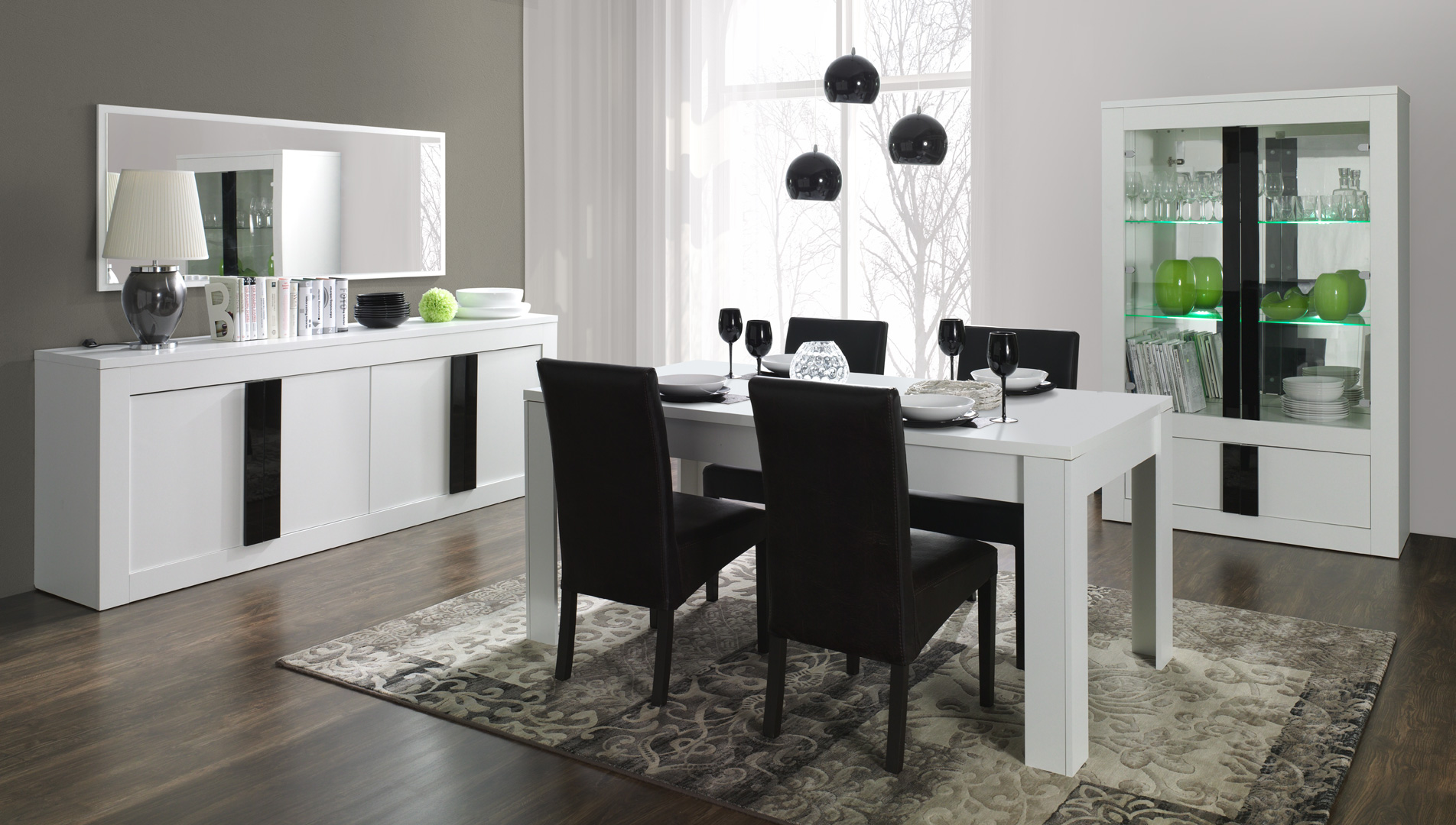 Salle à manger design coloris blanc mat/noir brillant Evane