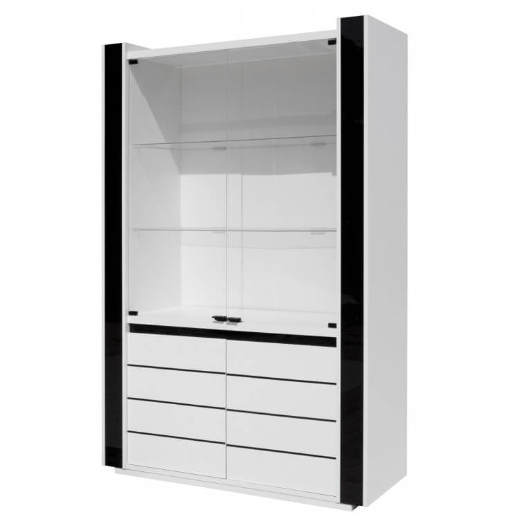 Vitrine design 4 portes avec éclairage coloris blanc/noir brillant Tessa