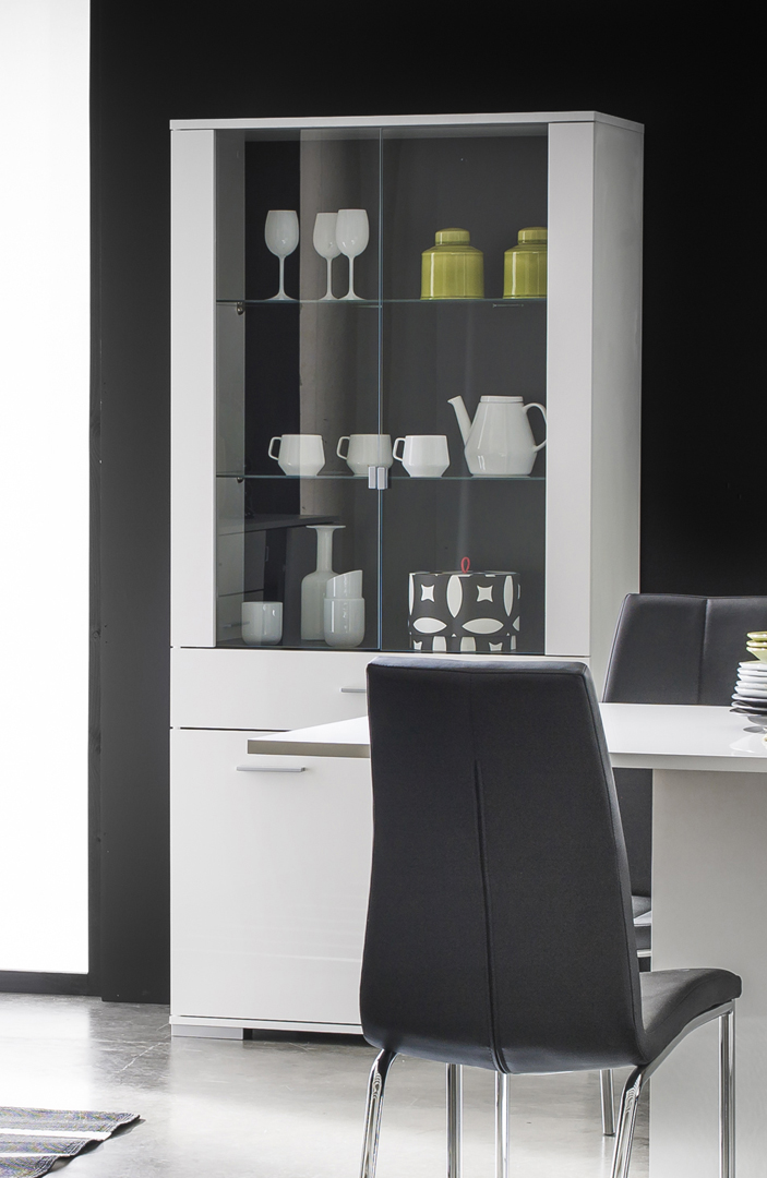 Vitrine 4 Portes Blanc Brillant Avec LEDs - Deyton - 115x40x190 Cm - 3 étagères Vitrées