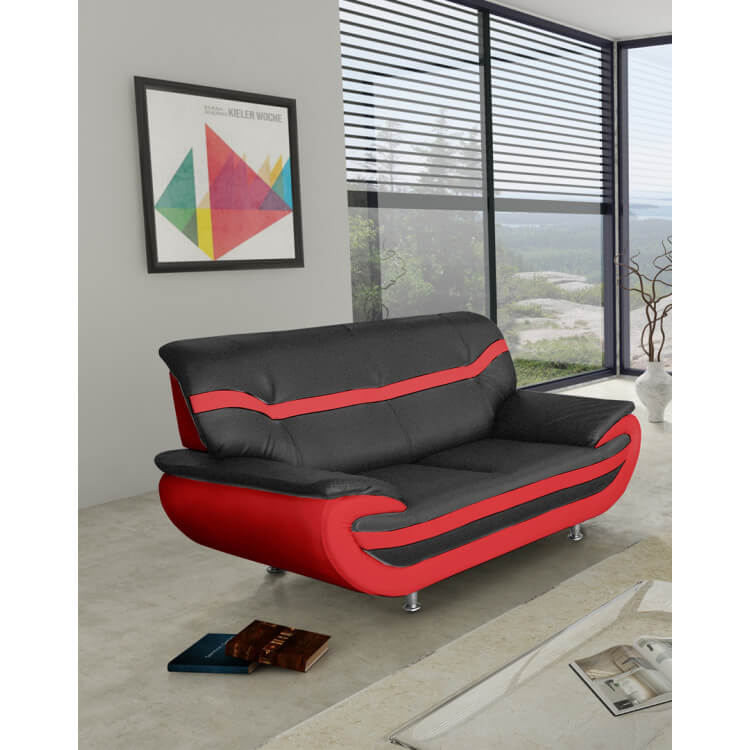 Canapé fixe design 2 places en PU noir/rouge Adelice