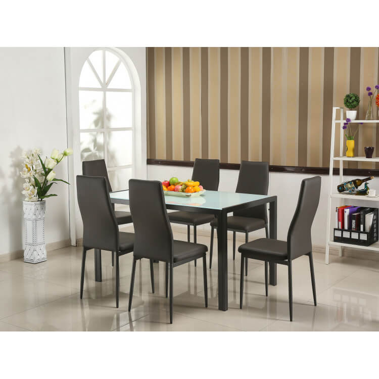 Ensemble table et 6 chaises design métal et verre coloris gris Mathias