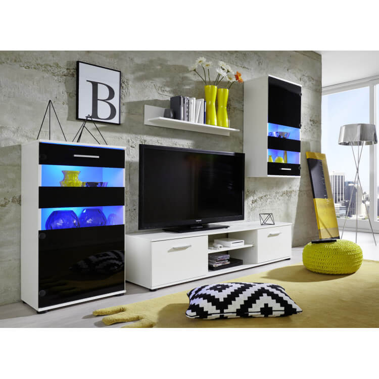 Composition TV design blanche et noire avec éclairage Armel