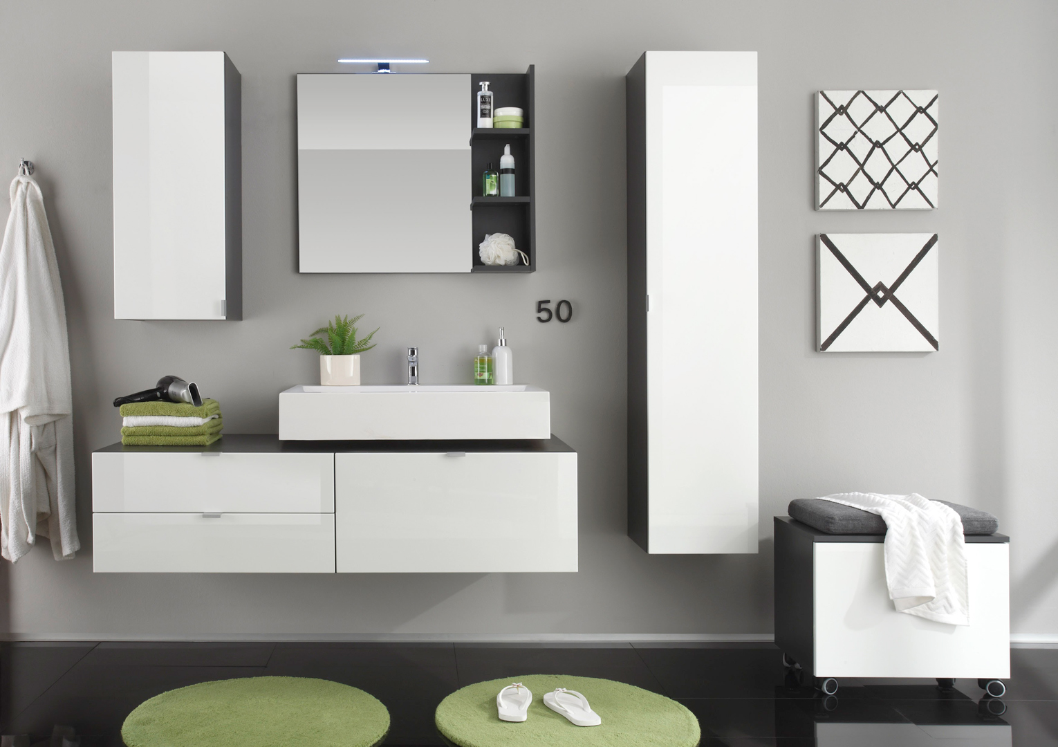 Meuble de rangement design de salle de bain gris/blanc laqué Messine