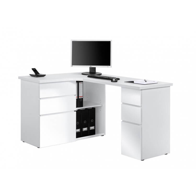 Bureau informatique d'angle contemporain avec rangement blanc brillant  Nayade