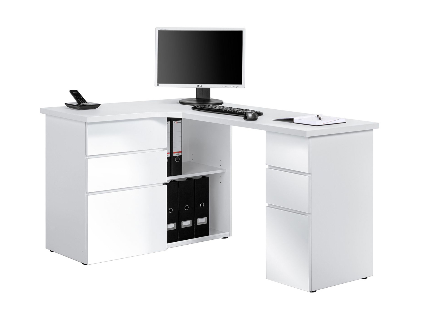 Bureau d'Angle Blanc avec Caisson et Rangements