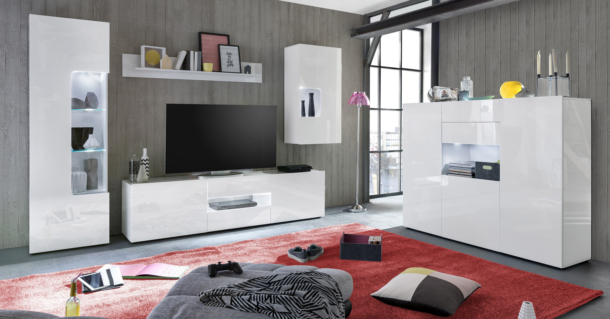 Meuble de rangement design avec éclairage laqué blanc Esther