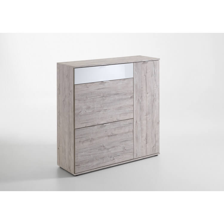 Meuble de rangement contemporain 3 portes/1 tiroir chêne sable/blanc brillant Louisiane