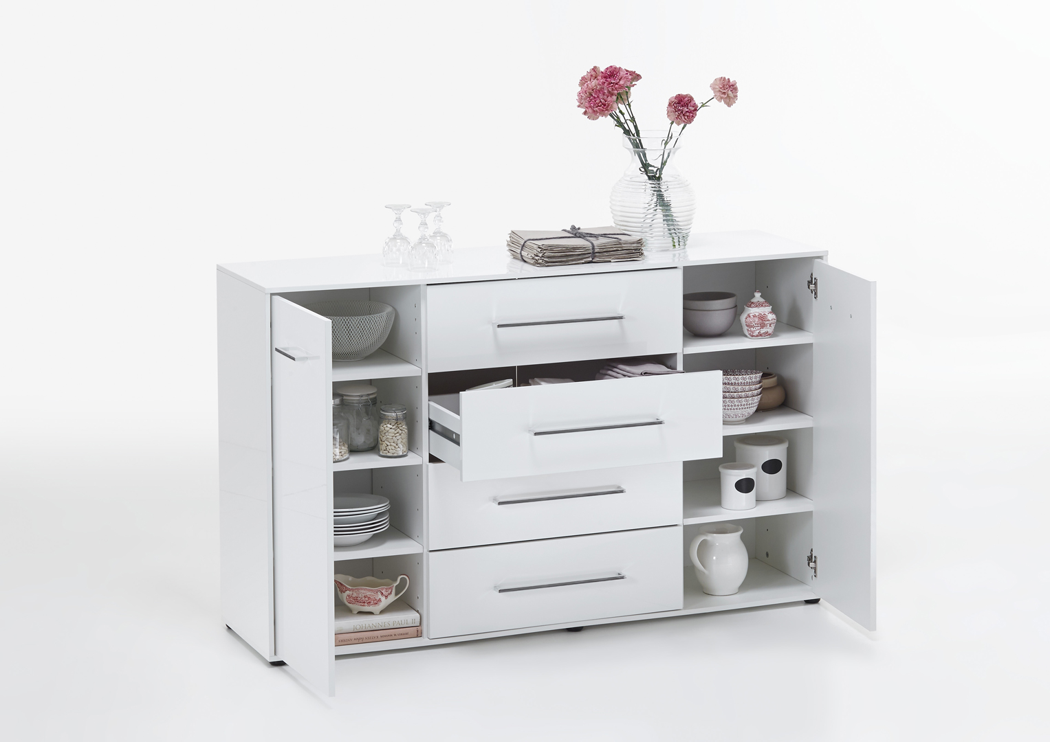 Meuble de rangement contemporain 2 portes/4 tiroirs laqué blanc