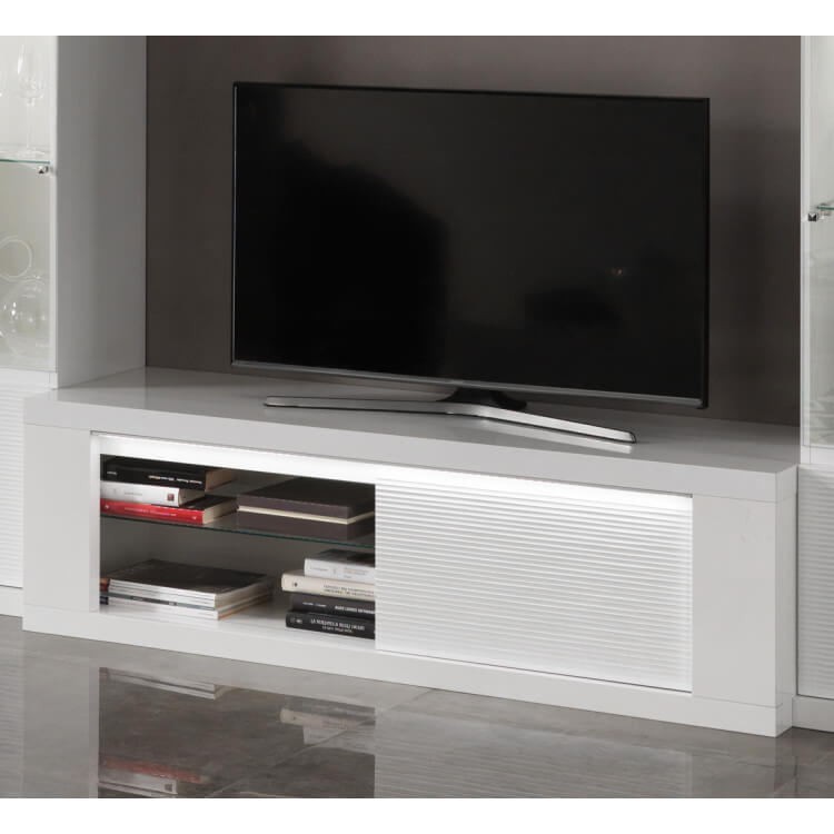 Meuble TV design laqué blanc avec éclairage 150 cm Roselia
