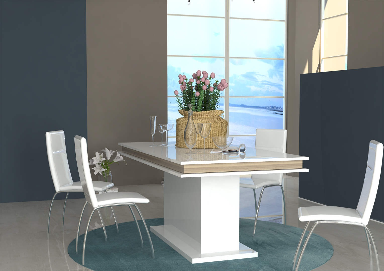 Table De Salle A Manger Design Extensible Blanc Laque Chene Clair Asia