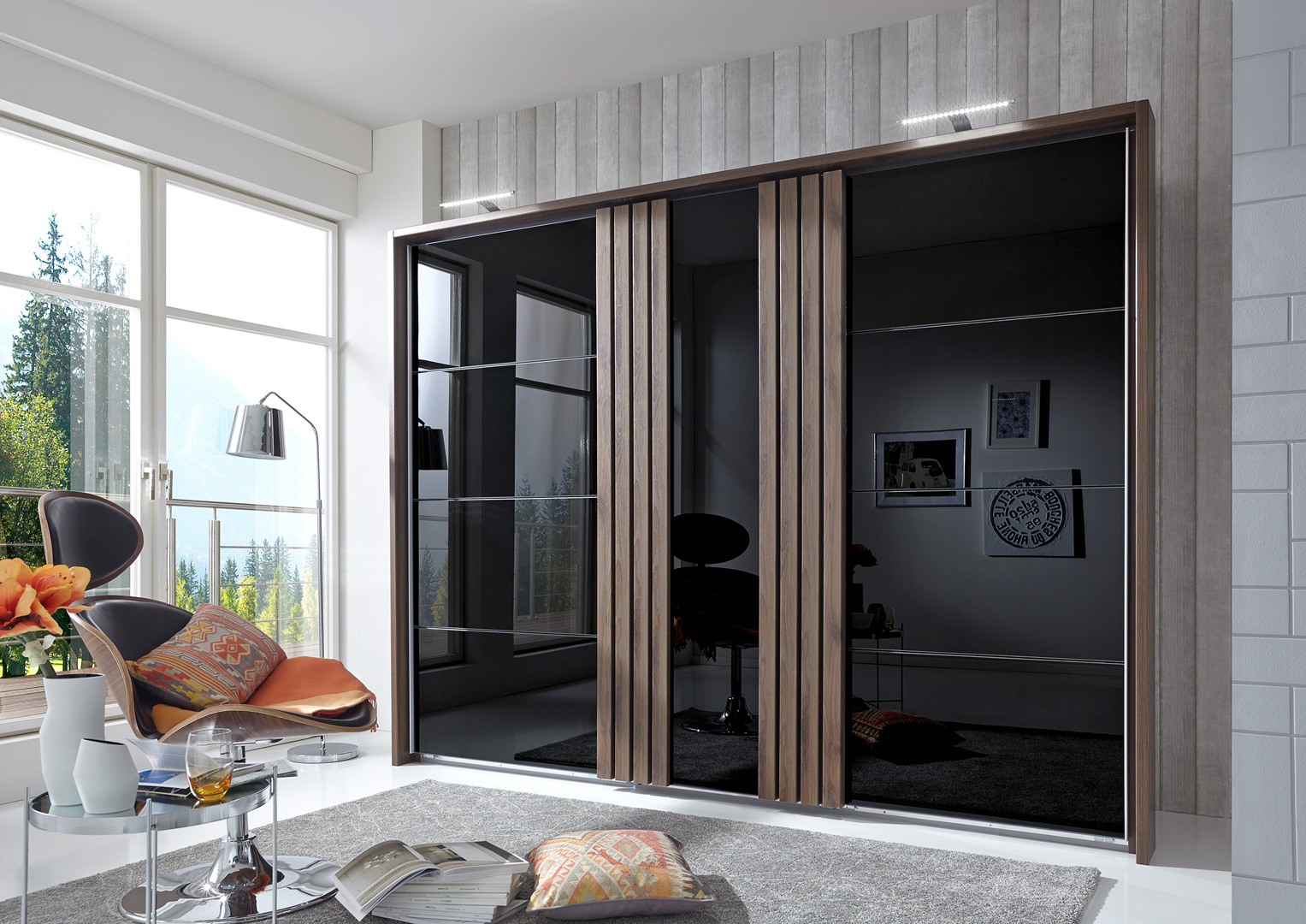 Armoire Adulte Design Portes Coulissantes Verre Noir Noyer Cordoue