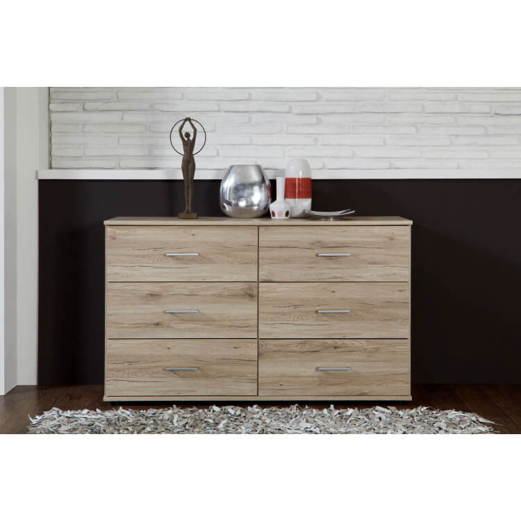 Commode contemporaine 6 tiroirs coloris chêne Madeline