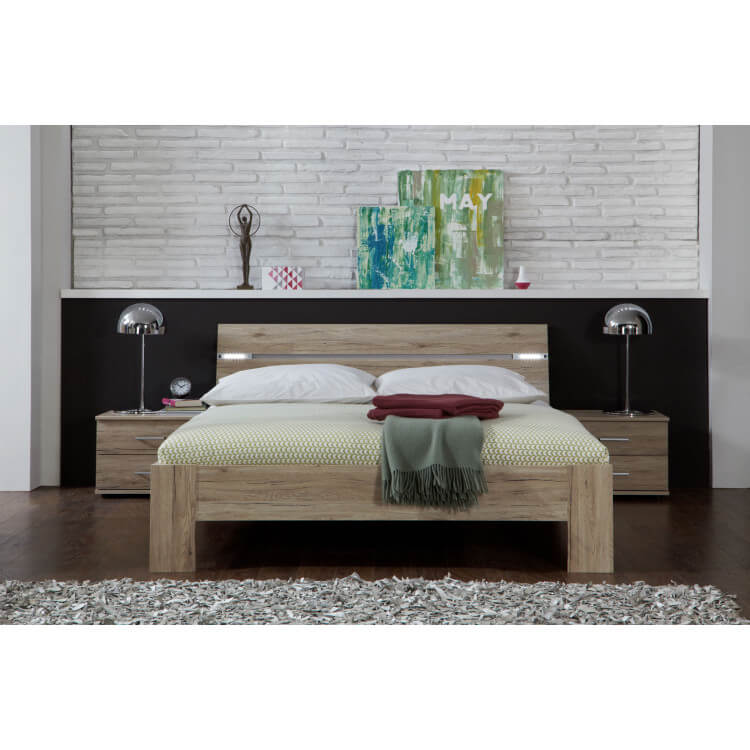 Lit adulte contemporain avec chevets coloris chêne Madeline
