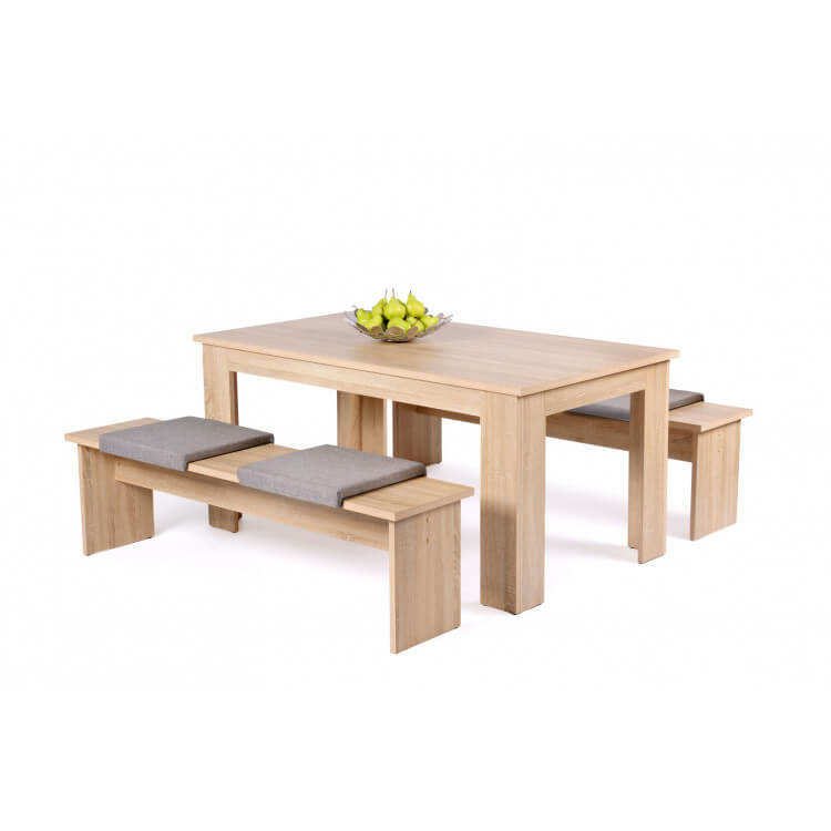 Ensemble table et bancs contemporain coloris chêne sonoma/tissu gris Loriane