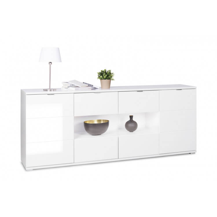 Buffet/bahut design laqué blanc 4 portes avec éclairage Ludivine