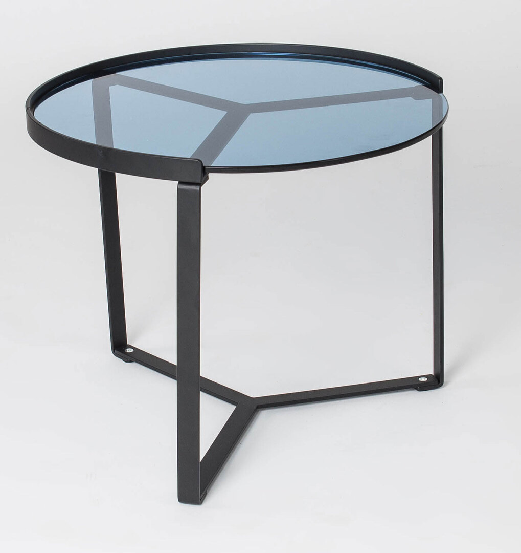 Table Basse Design Ronde En Metal Noir Verre Bleu Elise Iii
