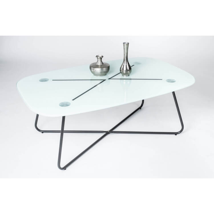 Table basse design rectangulaire en métal noir/verre blanc Elias